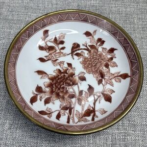 VTG Overjoy Hand Painted Floral Bird Porcelain Brass Metal Overlay 8" Bowl